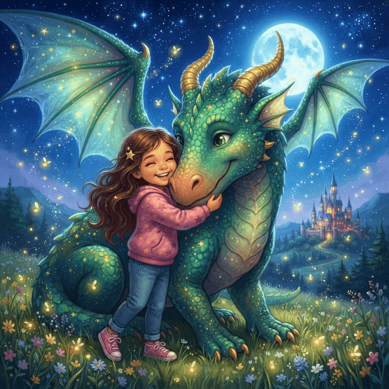The finished illustration of Victoria hugging Atlas, the emerald dragon, in a moonlit meadow with a glowing castle behind them