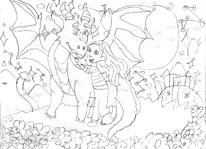The original pencil sketch of Victoria hugging Atlas the dragon under a full moon, with a castle, constellations, and a field of flowers